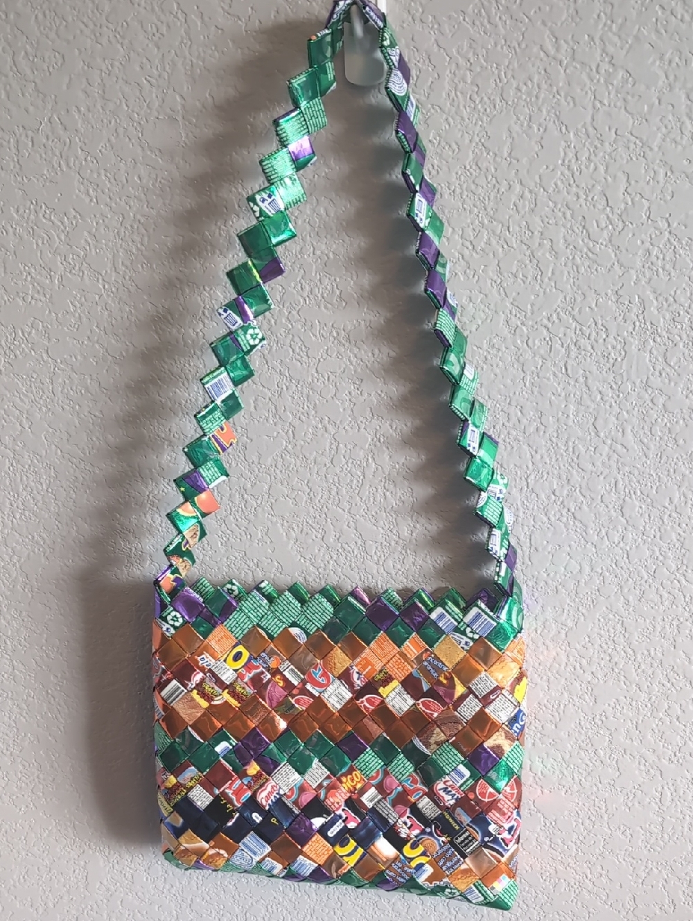 Handwoven Green, Orange & Purple Recycled Candy Wrapper Bag With Zipper